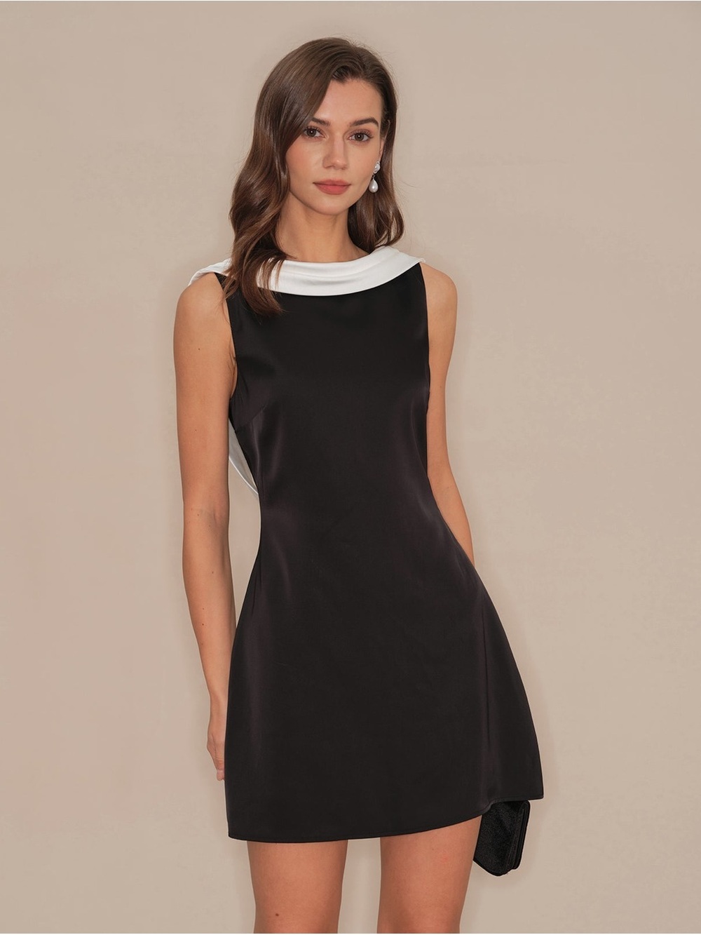 Sleeveless Black Dress with White Collar - Classic Cocktail Dress